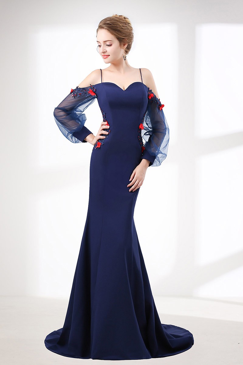 Mermaid Long Navy Blue Evening Dress With Off Shoulder Sleeves #CH6620 ...