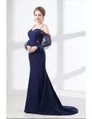 Mermaid Long Navy Blue Evening Dress With Off Shoulder Sleeves