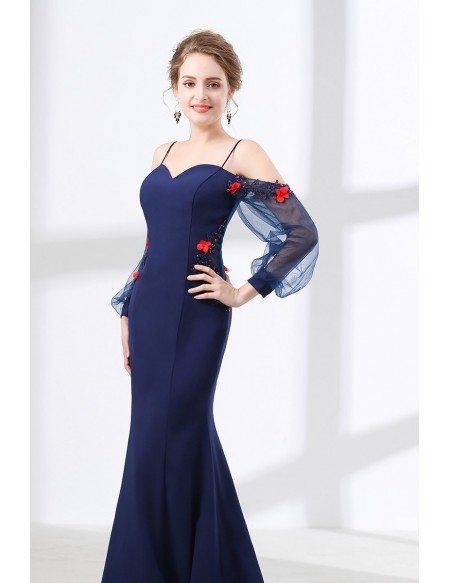 Mermaid Long Navy Blue Evening Dress With Off Shoulder Sleeves