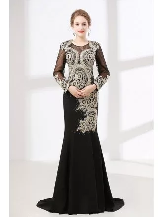 Petite Black Long Sleeved Formal Dress With Applique Lace Bodice