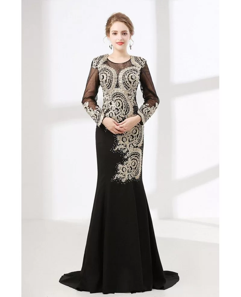 Petite Black Long Sleeved Formal Dress With Applique Lace Bodice # ...