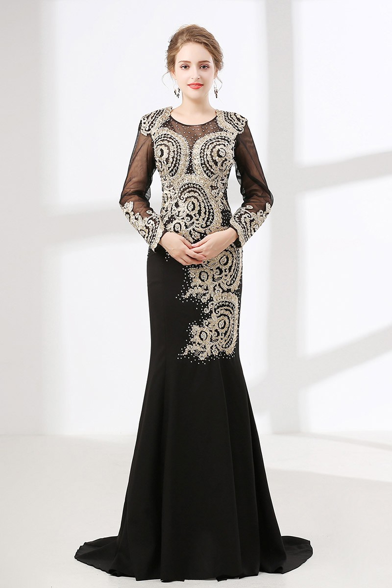 Petite Black Long Sleeved Formal Dress With Applique Lace Bodice # ...