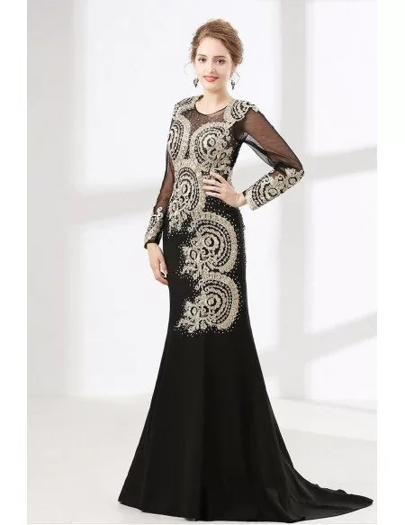 Petite Black Long Sleeved Formal Dress With Applique Lace Bodice # ...