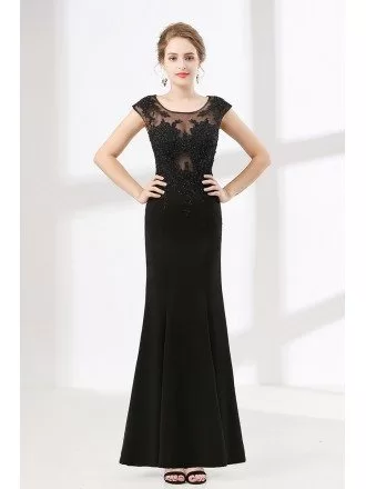 Floor Length Petite Black Formal Dress With Beading Lace Top