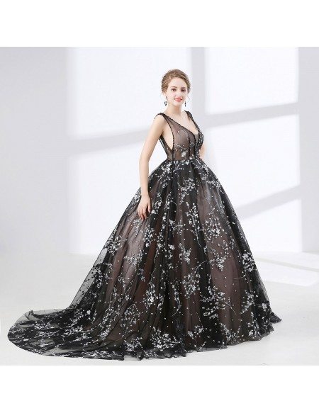 Romantic Lace Ball Gown Prom Dress Black In Country Style