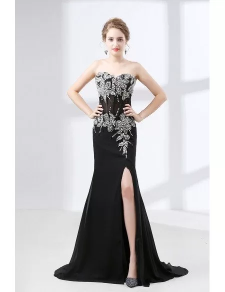 Sexy Black Chiffon Slit Formal Dress Strapless With Beading Top