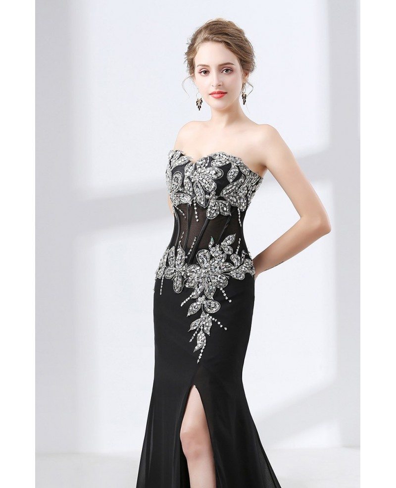 Sexy Black Chiffon Slit Formal Dress Strapless With Beading Top #CH6626 ...