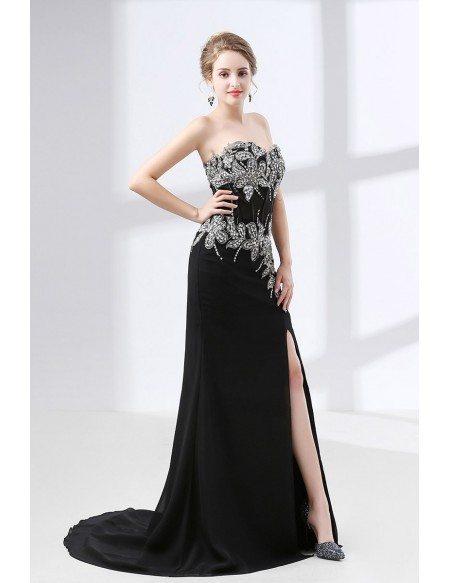 Sexy Black Chiffon Slit Formal Dress Strapless With Beading Top