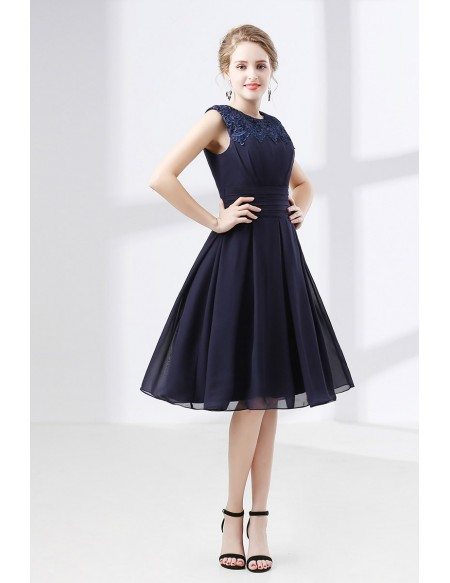 Inexpensive Navy Blue Short Homecoming Dress With Lace Neckline