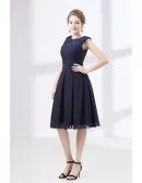 Inexpensive Navy Blue Short Homecoming Dress With Lace Neckline