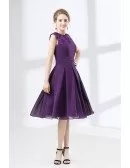 Cheap Purple Knee Length Prom Dress With Modest Lace Neckline