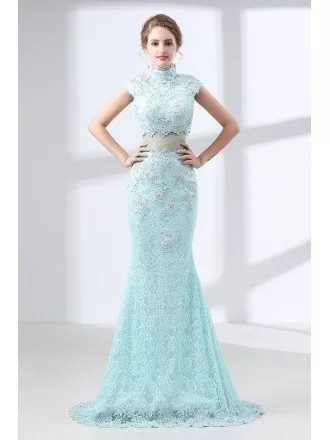 Modest Mermaid Lace Aqua Prom Dress Long In 2 Piece Style