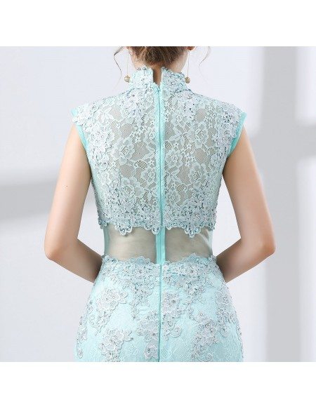 Modest Mermaid Lace Aqua Prom Dress Long In 2 Piece Style