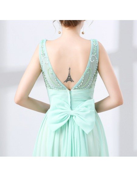Flowing Chiffon Long Teal Prom Dress With Modest Beading Top