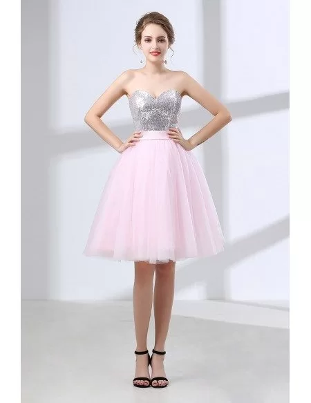 Beautiful Pink Bow Homecoming Dress With Sparkly Silver Sequins