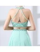 Two Piece Long Teal Prom Dress Sparkly With Crystal Halter Top