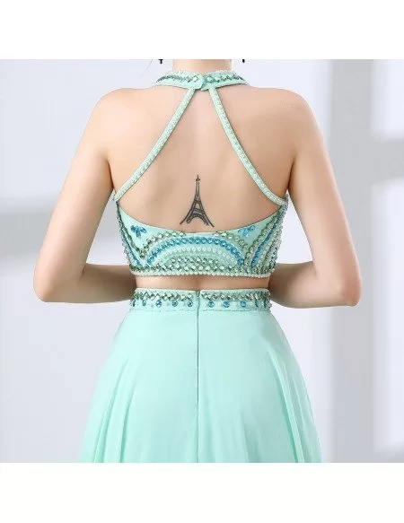Two Piece Long Teal Prom Dress Sparkly With Crystal Halter Top