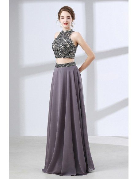 Two Piece Vintage Grey Formal Dress Long With Crystal Halter Top
