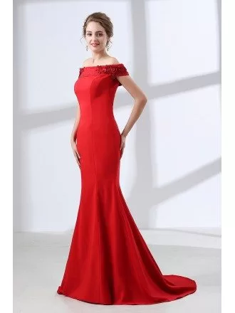 Red Tight Mermaid Evening Dress With Floral Off Shoulder Straps