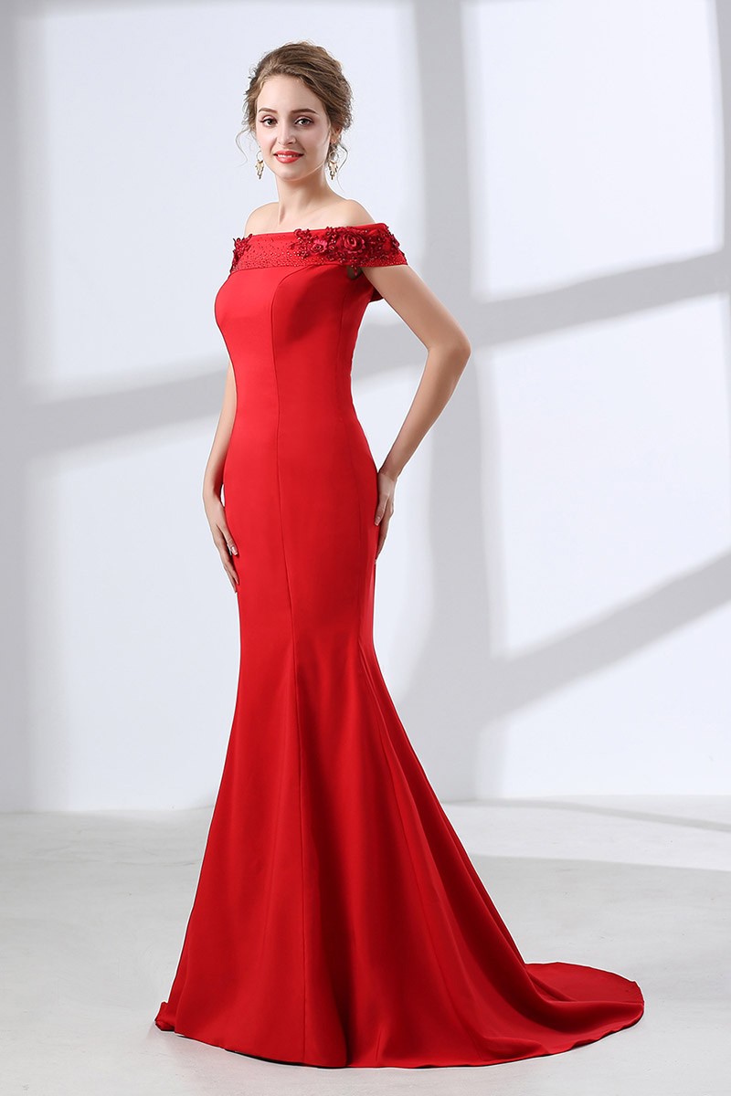 Red Tight Mermaid Evening Dress With Floral Off Shoulder Straps #CH6646 ...