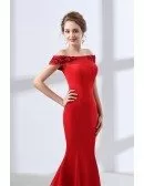 Red Tight Mermaid Evening Dress With Floral Off Shoulder Straps