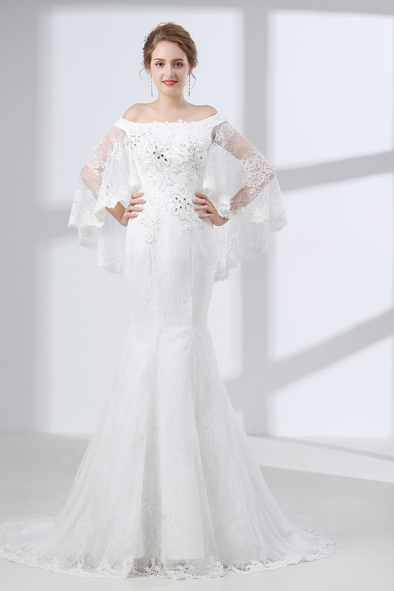 Off Shoulder Petite Trumpet Wedding Dress All Lace With Cape #CH6649 ...