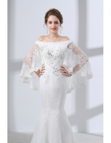 Off Shoulder Petite Trumpet Wedding Dress All Lace With Cape