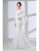 Off Shoulder Petite Trumpet Wedding Dress All Lace With Cape
