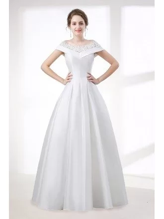 Simple A Line Satin Wedding Dress With Lace Off Shoulder Straps