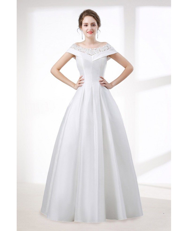 Simple  A Line  Satin Wedding  Dress  With Lace Off Shoulder 