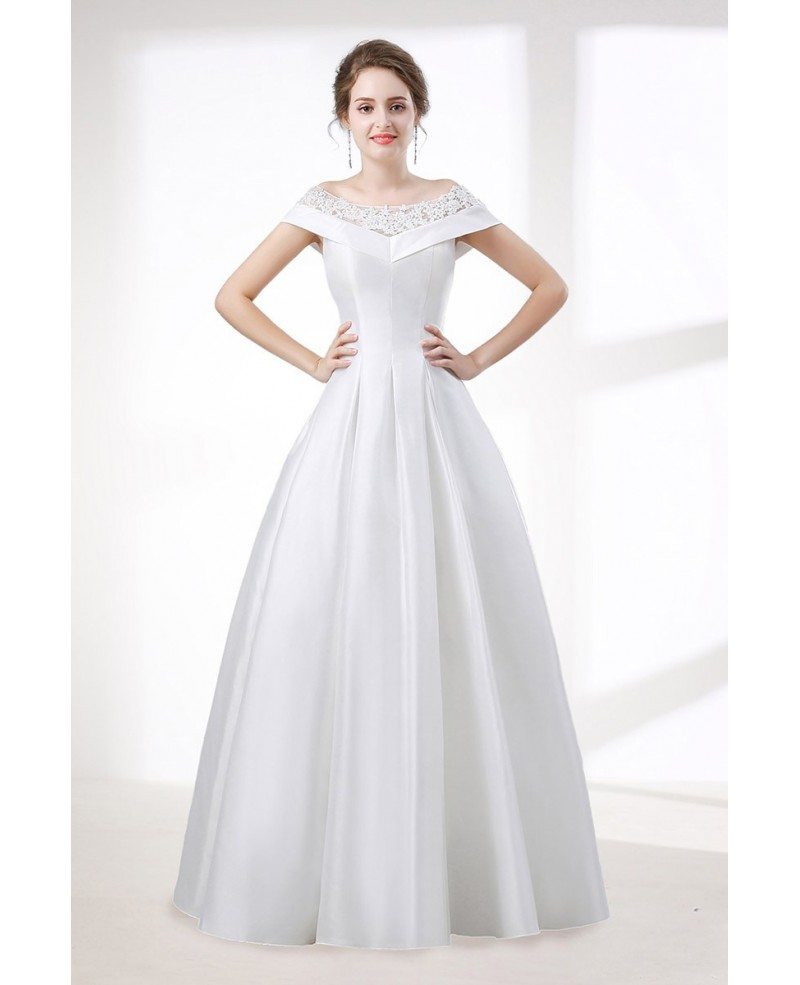 Simple A Line Satin Wedding Dress With Lace Off Shoulder Straps CH6651 