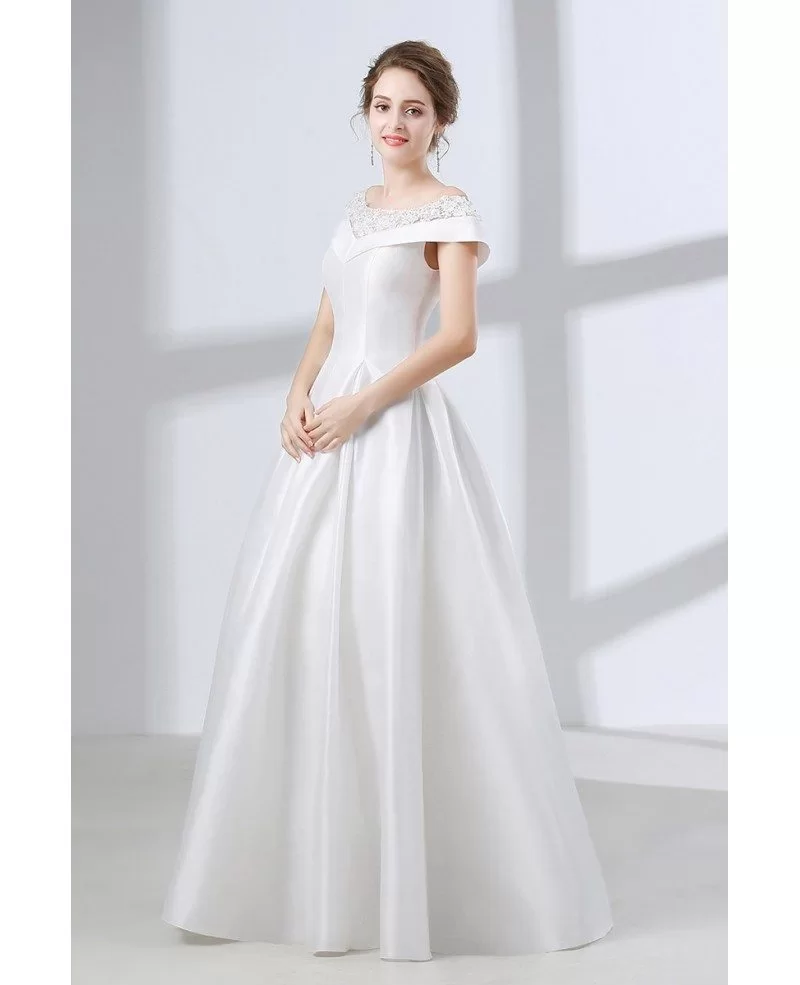 Simple A Line Satin Wedding Dress With Lace Off Shoulder Straps #CH6651 ...