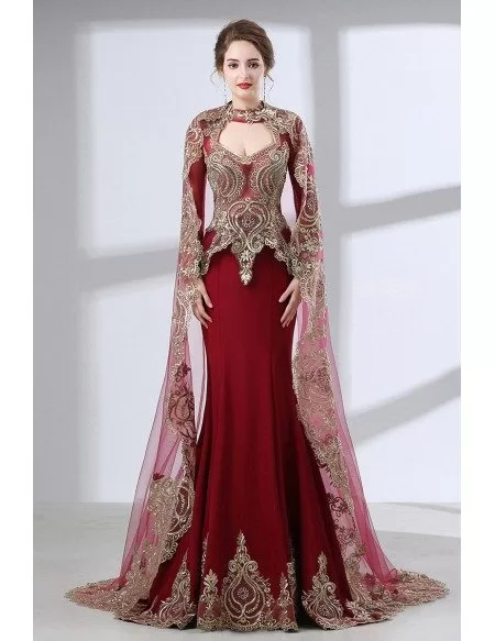 Vintage Lace Trim Burgundy Wedding Dress Sleeved With Cape
