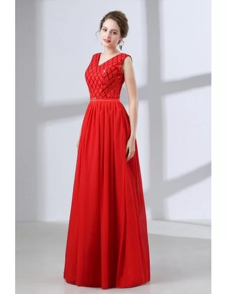 Flowing Chiffon Red Corset Evening Dress Long With Sequin Bodice # ...