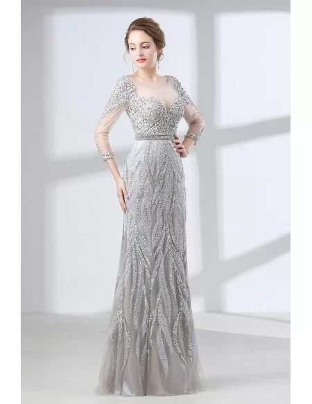 Gorgeous Sparkly Rhinestone Prom Dress Fitted With 3/4 Sleeves