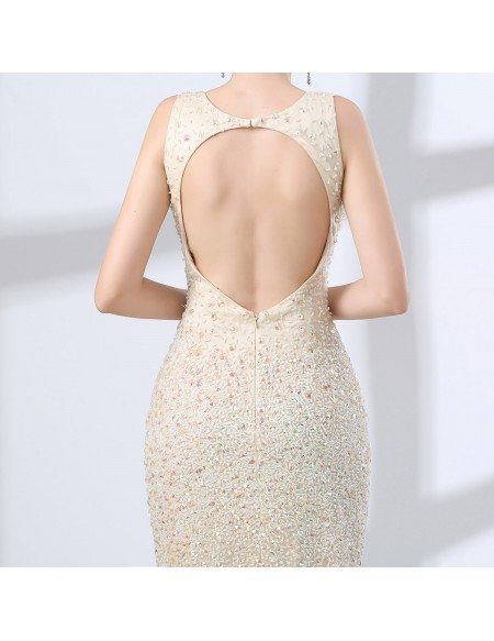Sparkly Open Back Champagne Prom Dress Mermaid With Sweetheart Neck
