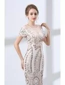 Modest Fitted Floral Lace Prom Dress With Short Sleeves