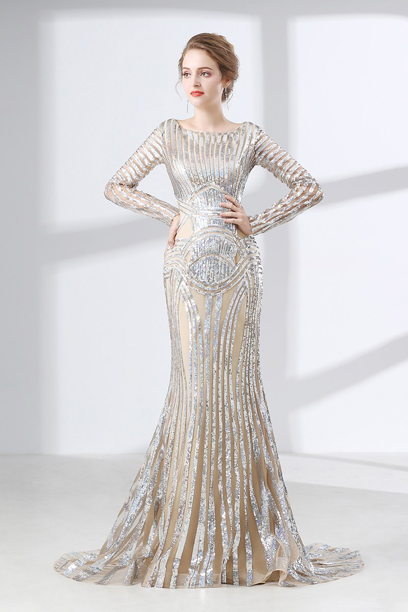 Glittering Silver Sequined Formal Evevning Dress With Long Sleeves #