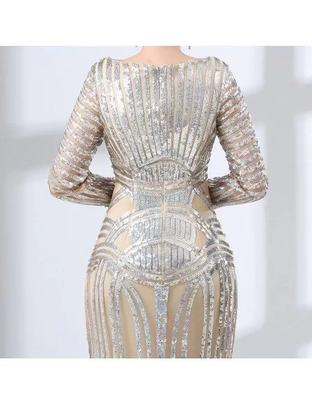 Glittering Silver Sequined Formal Evevning Dress With Long Sleeves