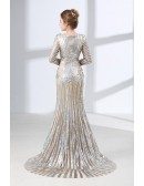 Glittering Silver Sequined Formal Evevning Dress With Long Sleeves