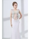 Sexy Sparkly Crystal White Prom Dress Long Fitted With Sheer Top