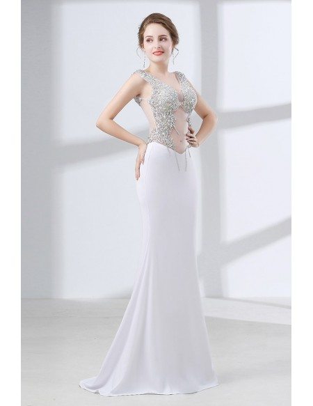 Sexy Sparkly Crystal White Prom Dress Long Fitted With Sheer Top