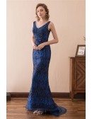 Fitted Blue Lace Formal Dress Mermaid With Beading Bodice