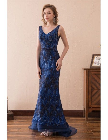 Fitted Blue Lace Formal Dress Mermaid With Beading Bodice