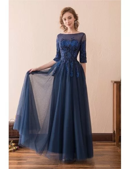 Modest Corset Beaded Lace Evening Dress Long With 1/2 Sleeves