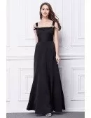 Modest A-Line Square Neckling Black Cotton Long Evening Dress