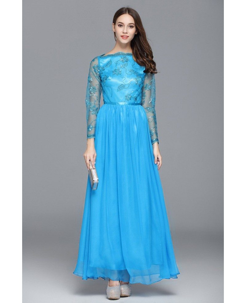 Blue A-line Scoop Neck Embroidery Floor-length Evening Dress #CK577 $58 ...