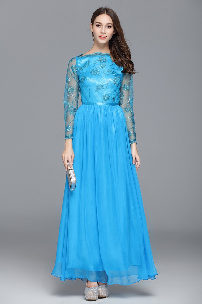 Blue A-line Scoop Neck Embroidery Floor-length Evening Dress #CK577 $58 ...