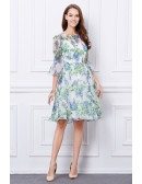 Summer Floral Printe A-Line Chiffon Knee-Length Wedding Guest Dress