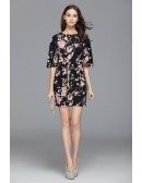 A-line Scoop Neck Floral Print Short Fashion Dress With Sleeves